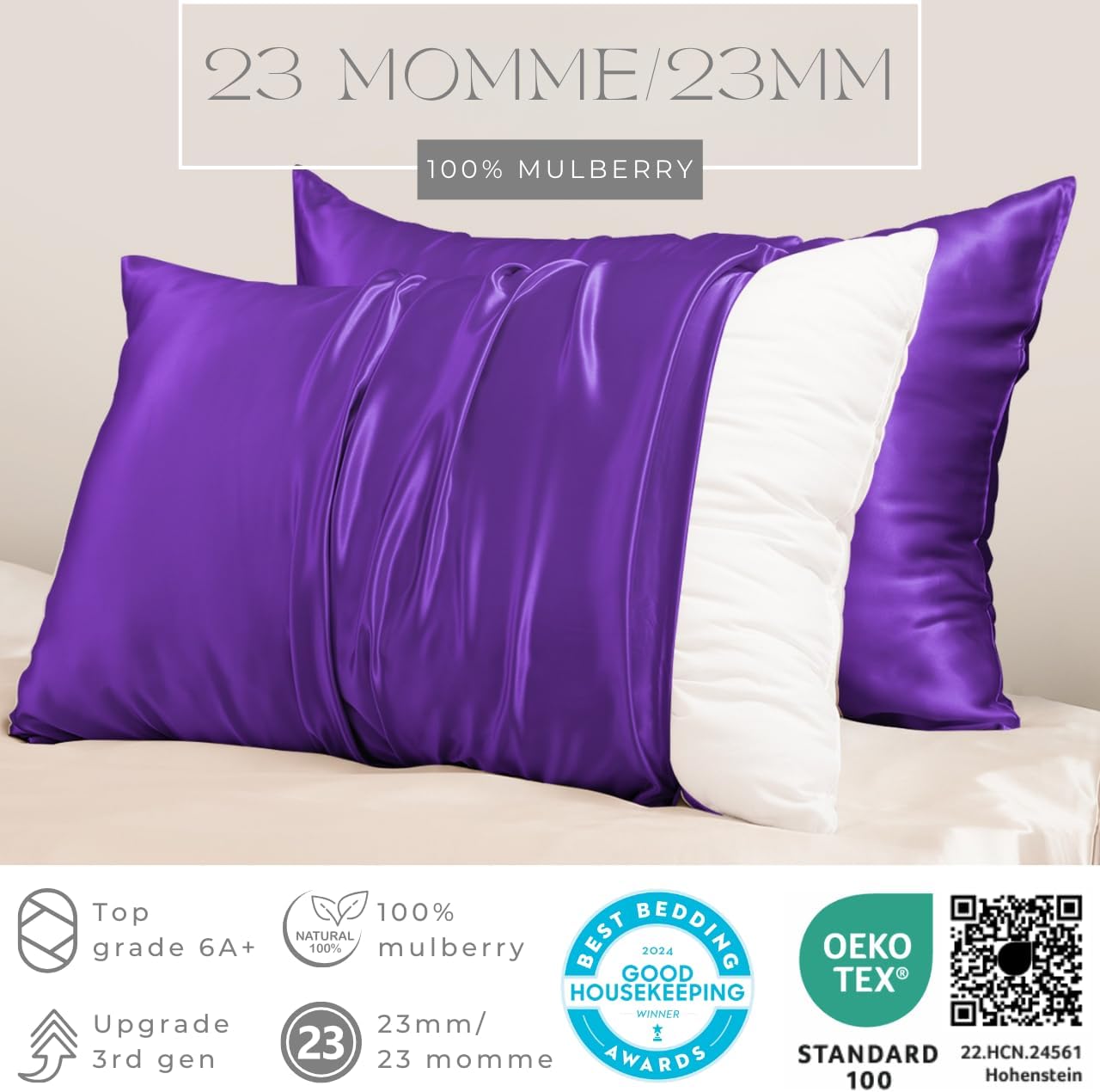 PROMEED 23 Momme Silk Pillowcase 2 Pack with Zipper, 3rd Gen Grade 6A+ 100% Mulberry Silk Pillow Case Set of 2, Cooling Pillow Cases for Hot Sleepers (Standard 20"x26", Purple)
