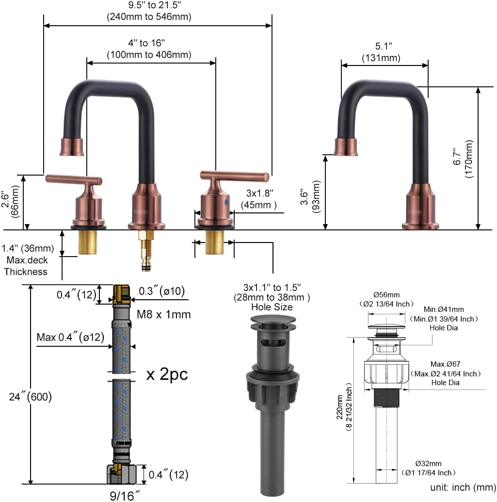 WOWOW 8 inch Bathroom Faucet 3 Hole, Widespread Bathroom Sink Faucet with Pop Up Drain Assembly and cUPC Supply Lines, Matte Black and Rose Gold Vanity Faucet 2 Handle Basin Faucet Mixer Taps