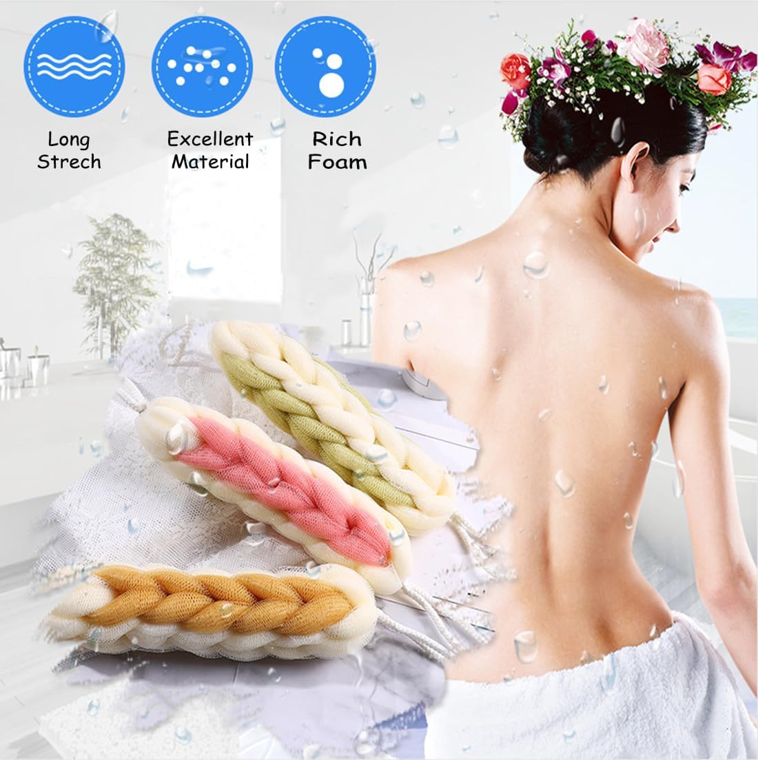 AARAINBOW 2 Packs Upgraded Long Stretch Back Sponge with Rope Handles Back Scrubber Bath Shower Mesh Sponge Exfoliating Body Scrub Stretch Braided Loofah for Men Women Shower Rope (Gray+Green)