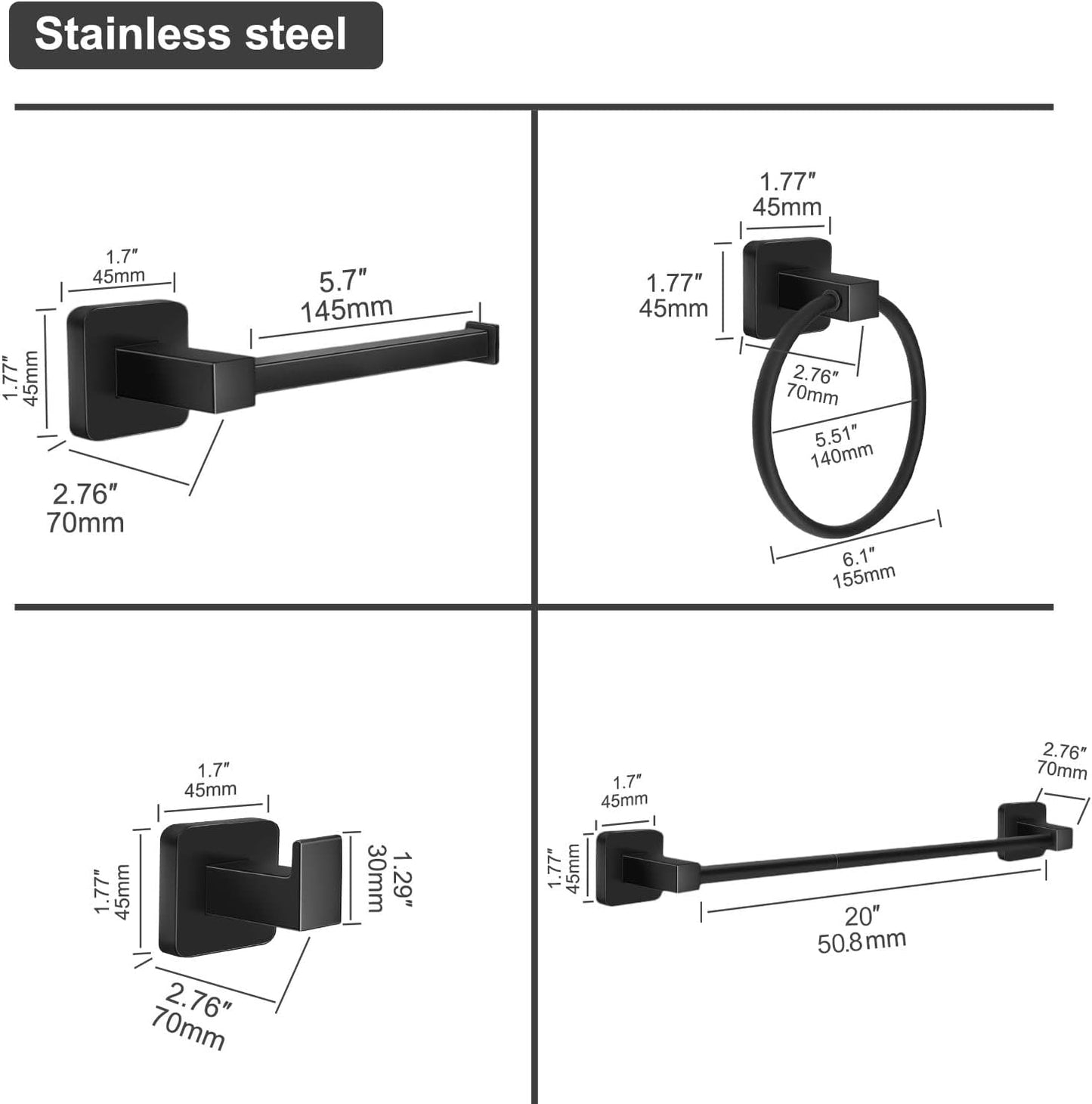 Bathroom Hardware Set 4 Pieces, Matte Black Stainless Steel Towel Bar Set, Includes 20In Towel Bar, Towel Ring, Robe Towel Hooks,Toilet Paper Holder, Bathroom Towel Rack Set