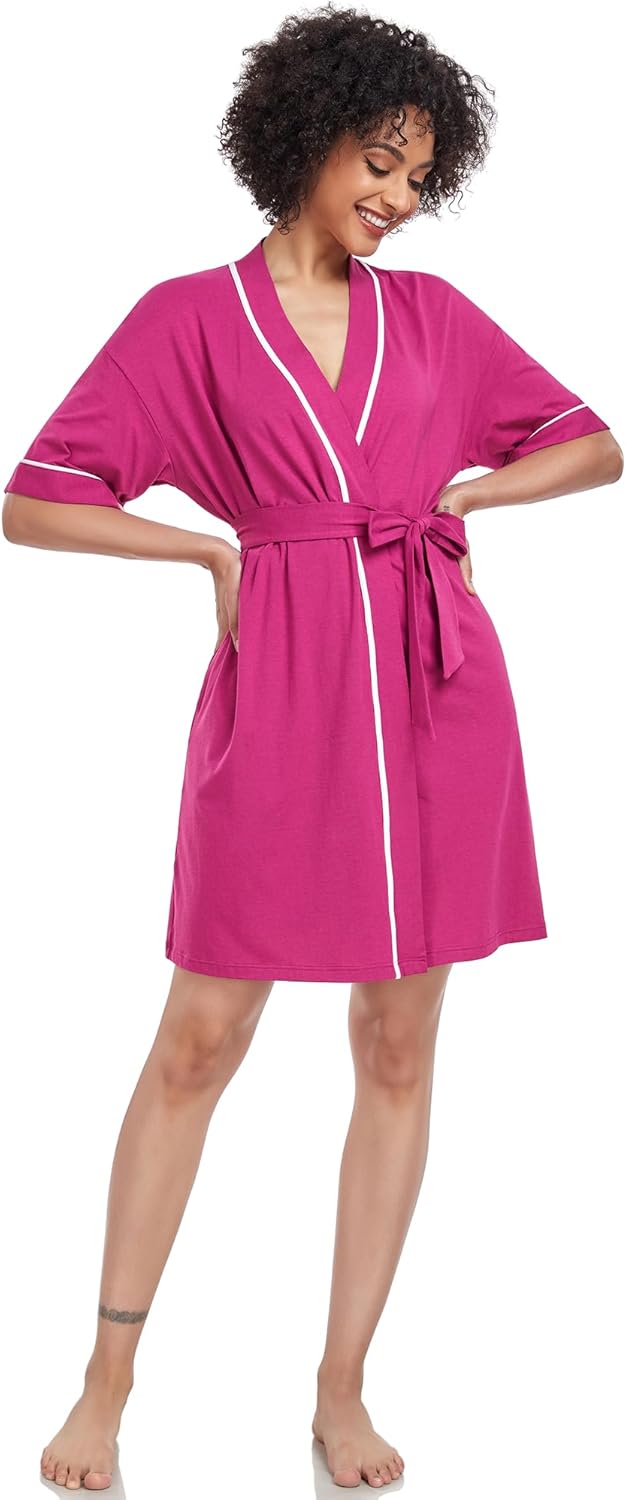 COLORFULLEAF Womens Bamboo Short Robes Lightweight Kimono Cotton Robe Soft Knit Bathrobe Ladies Loungewear with Pockets
