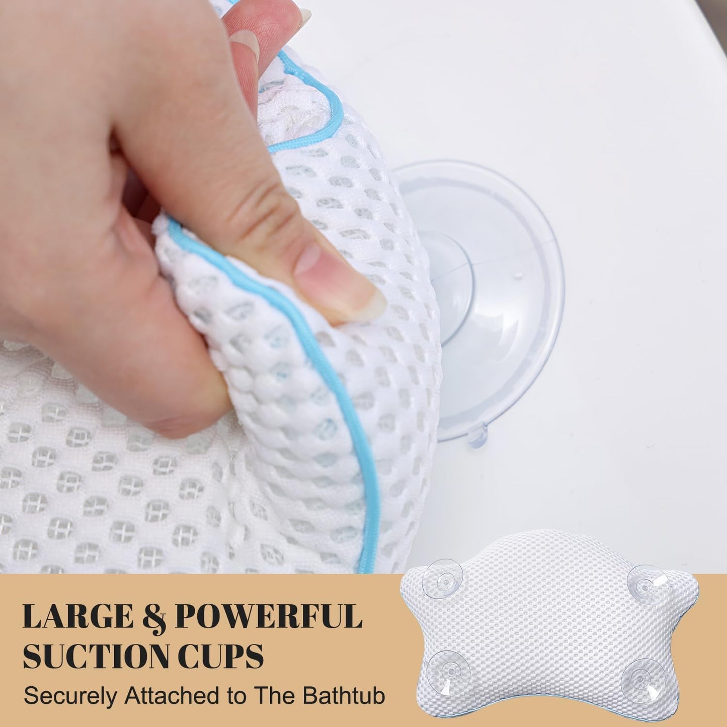 Non Slip Bath Pillow, Luxury Spa Bathtub Head & Neck Rest Support, Permeable Quick Drying Air Mesh Tub Pillow with 4 Large Suction Cups, Fits Any Tubs, Soft and Relaxing