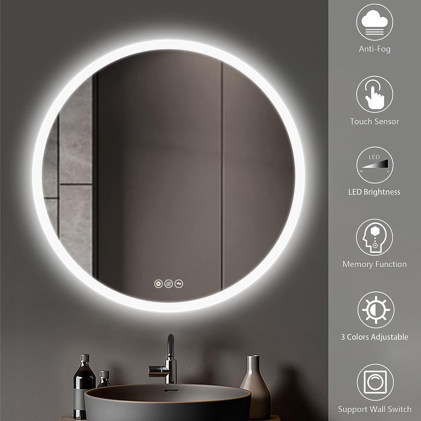 Wall-Mounted LED Round Bathroom Mirror, Makeup Mirror (24 inches x 24 inches,) 3 Color Stepless Dimmable Memory Bathroom Vanity Mirror with Lights CRI90+ 3000-6400K Smart Mirror with Touch