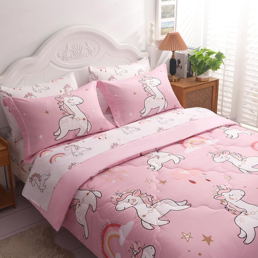 Wajade Kids Pink Unicorn Comforter Set Bed in A Bag Twin Size 7 Piece Cute Unicorn Rainbow Clouds Bedding Set for Girls (1 Comforter, 1 Flat Sheet, 1 Fitted Sheet, 2 Pillowcase and 2 Pillow Sham)