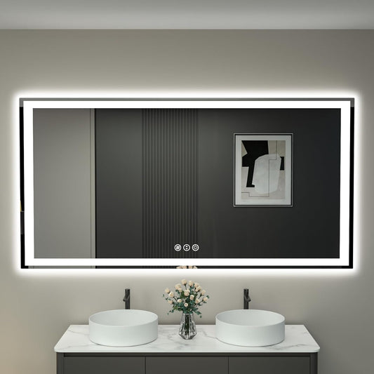 60"x 40" LED Bathroom Mirror with Lights, Front and Backlight, Dimmable Smart Mirror Bathroom, Anti-Fog, 3 Colors Lighted Bathroom Vanity Mirror for Wall Tempered Glass (Horizontal/Vertical)