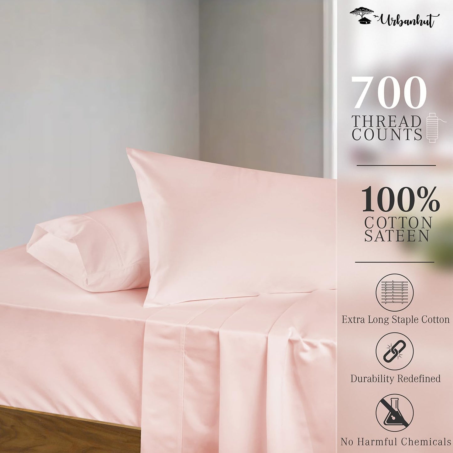 URBANHUT 700 Thread Count Queen Size Egyptian Cotton Sheets, 4Pc Sheet Set Soft Luxury Bed Sheets for Queen Size Bed, Sateen Weave Hotel Sheets, 16'' Elasticized Deep Pocket - Blush Pink