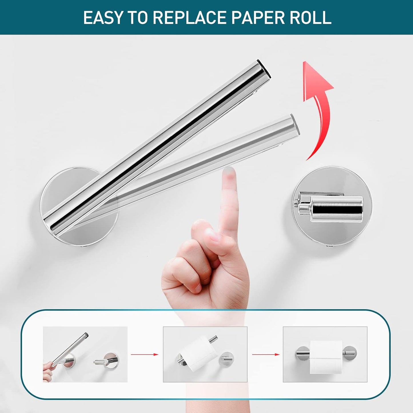 Chrome Toilet Paper Holder - Polished Metal Bathroom Flexible Pivot Tissue Roll Holder on Wall Mounted, Sturdy SUS 304 Stainless Steel Toilet TP Large Mega Roll Holder Modern Silver