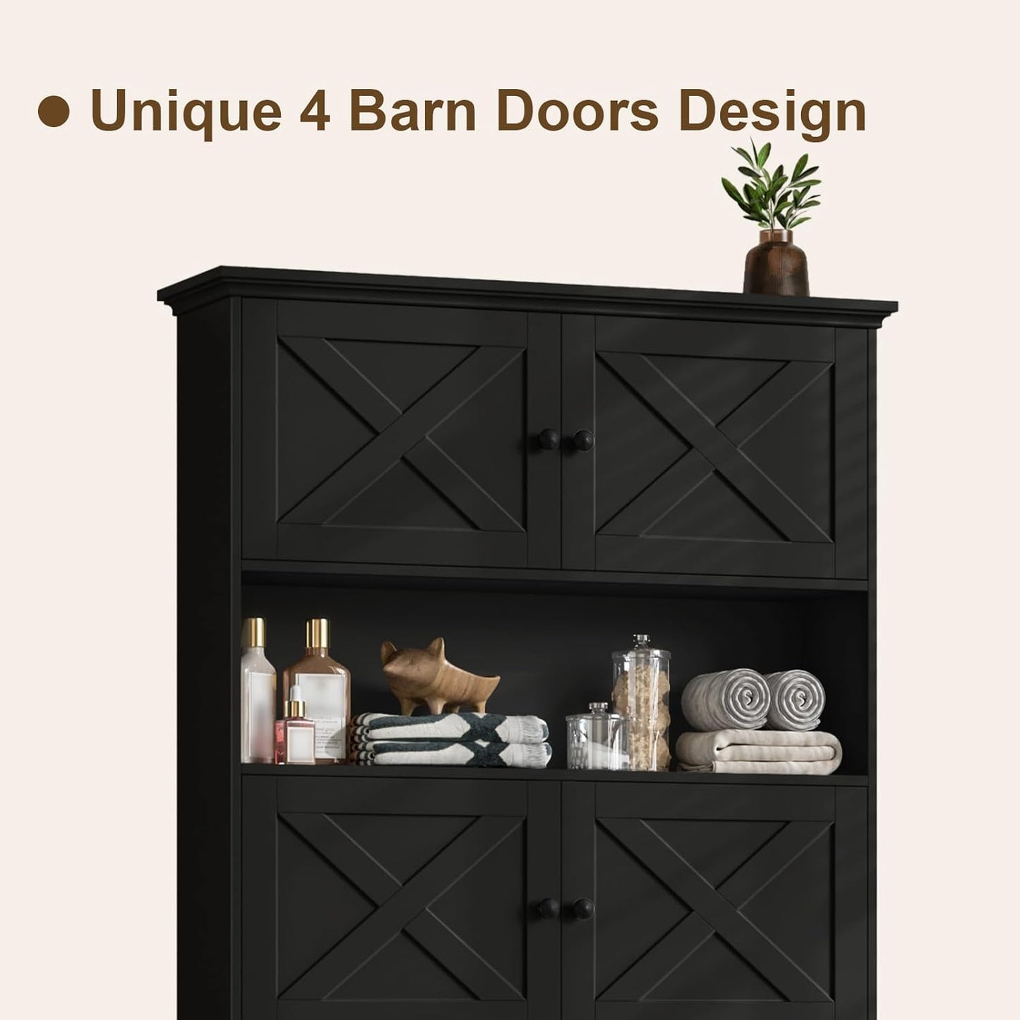 Over The Toilet Storage Cabinet, Farmhouse Storage Cabinet Over Toilet with 4 Barn Doors & Toilet Paper Holder Stand, Black Toilet Shelf Home Space Saver for Restroom, Bathroom, Laundry