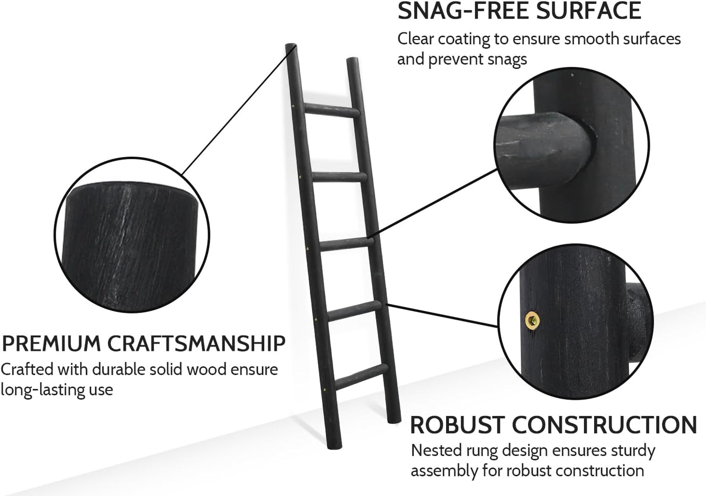 FUIN 57in Wood Blanket Ladder Living Room Decorative Wall Leaning Farmhouse Quilt Display Holder Rustic Wooden Towel Rack for Bathroom, Black