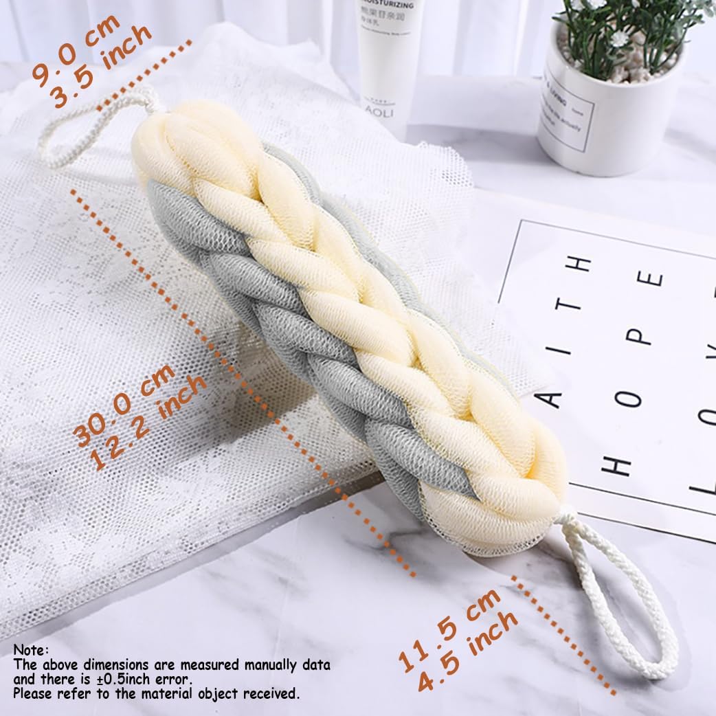 AARAINBOW 2 Packs Upgraded Long Stretch Back Sponge with Rope Handles Back Scrubber Bath Shower Mesh Sponge Exfoliating Body Scrub Stretch Braided Loofah for Men Women Loofah Rope (2 Gray)