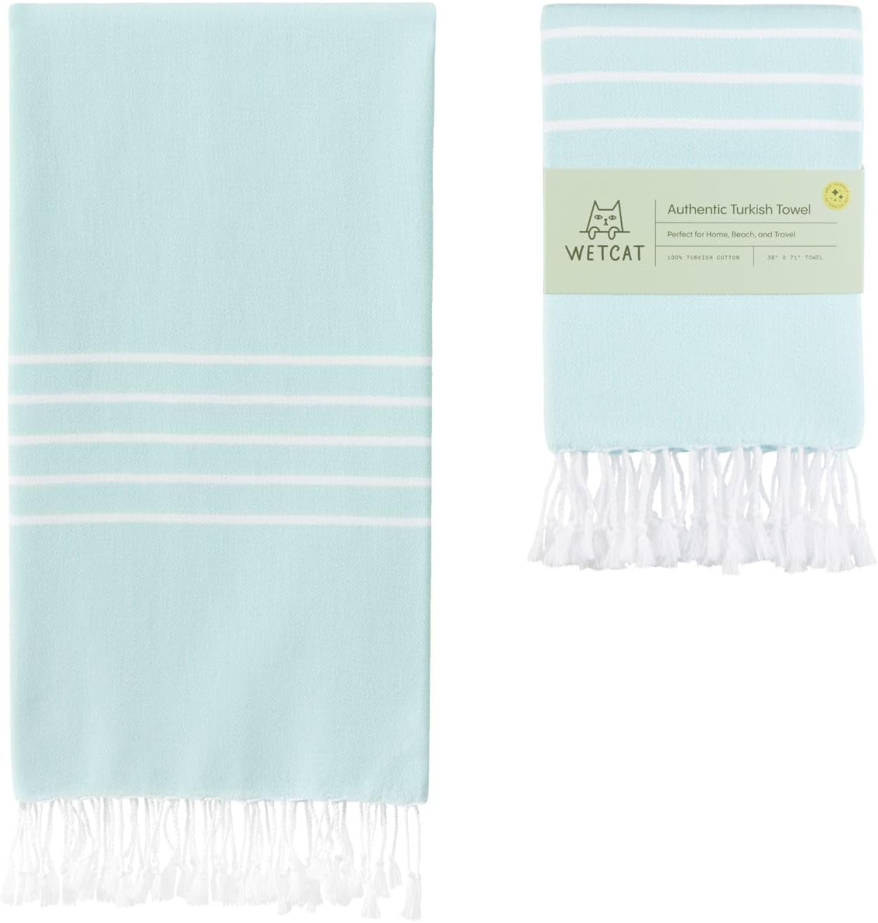 WETCAT Turkish Beach Towel Oversized (38"x71") 100% Turkish Cotton, Made in Turkey - Sand Free, Extra Large, Ultra Soft, Quick Drying, Compact & Lightweight for Travel - Aquamarine