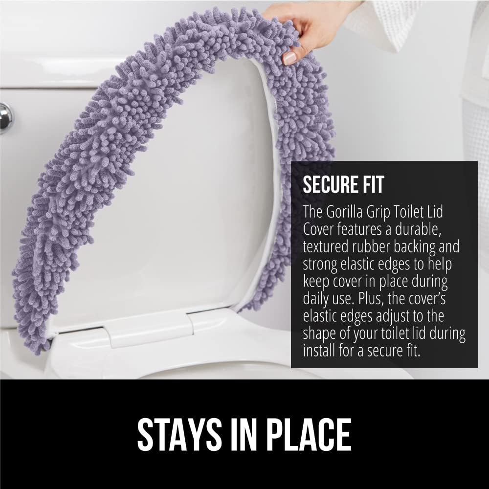 GORILLA GRIP Soft Chenille Bathroom Toilet Lid Cover, Machine Washable Seat Covers, 19.5x18.5, Stays in Place Rubber Backing, Fits Most Round, Elongated and Oblong Lids, Accessories Decor, Lt Purple