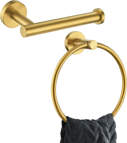 APLusee Brushed Gold 2 Pieces Bathroom Hardware Set, Hand Towel Ring and Toilet Paper Holder, 304 Stainless Steel Bath Accessories, Wall Mounted
