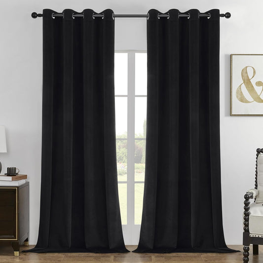 Joydeco Black 100% Blackout Curtains 96 Inch 2 Panels, Luxury Thermal Insulated Black Velvet Curtains for Bedroom Living Room, Soundproof Blackout Window Drapes, Grommet Top (52W x 96L)