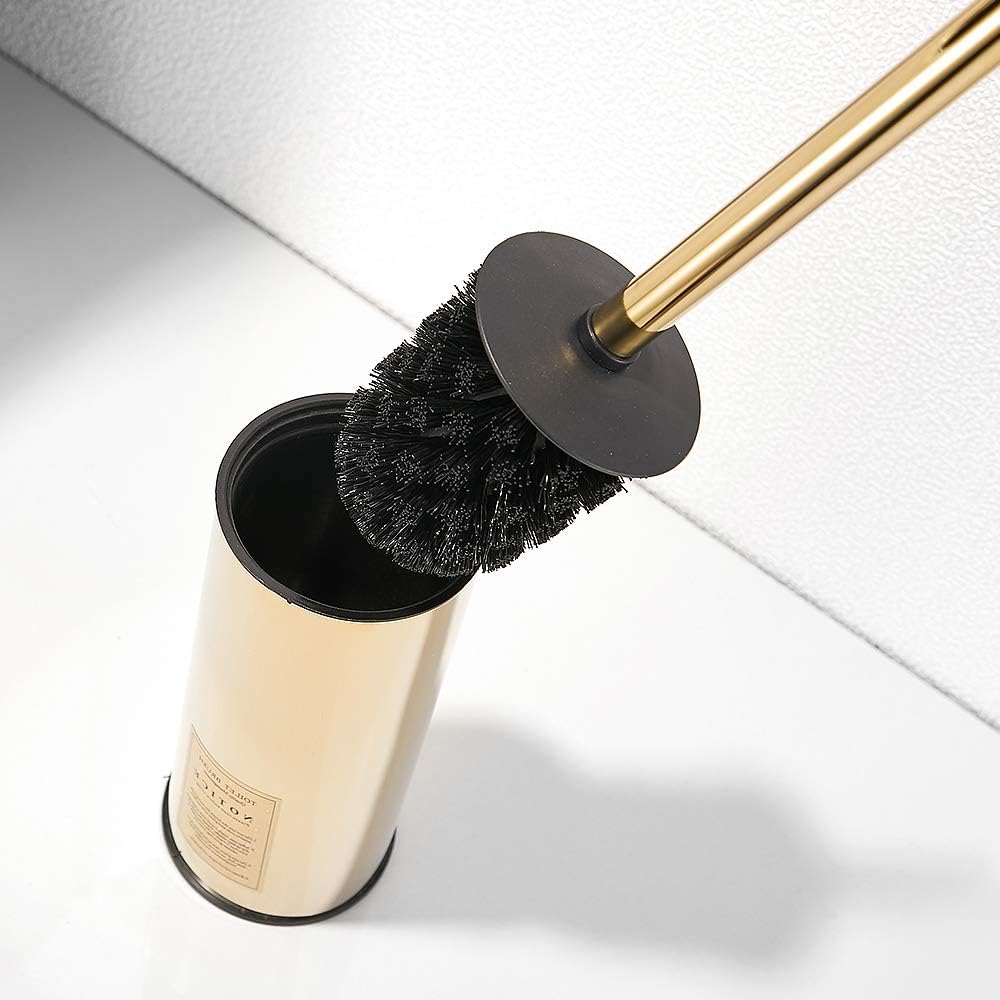 Freestanding Toilet Brush Holder for bathrooms 304 Stainless Steel Toilet Brush Stand Round Storage and Organization Rust Resistant 18-inch high Polished Gold Finished
