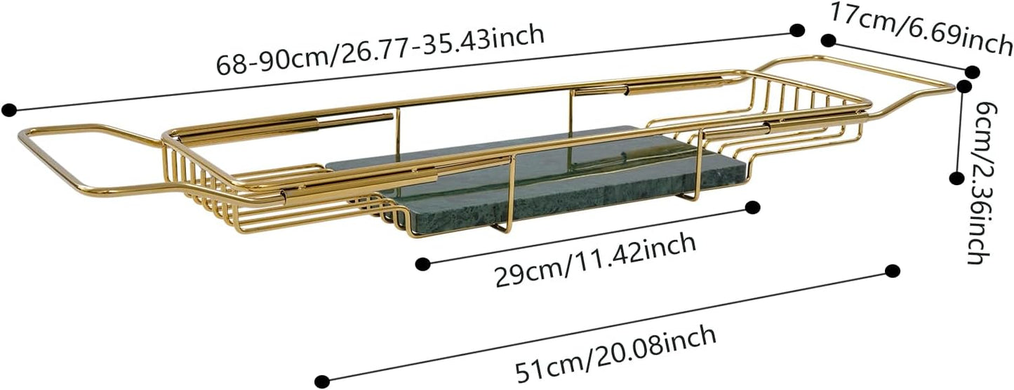 Bathtub Tray Caddy for Luxury Bath, Stainless Steel 26.8-35.4 in Expandable Extra Wide Bath Tub Tray with Natural Marble and Mobile/Tablet Stand, Ideal for Home Spa Lovers (Gold + Green)