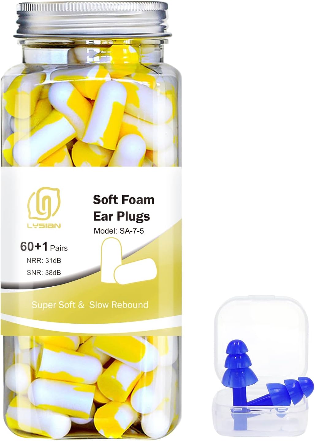 LYSIAN Foam Earplugs - 60 Pairs, 38dB Ear Plugs for Sleeping Noise Cancelling, Mowing, Shooting,Double Color Yellow/White