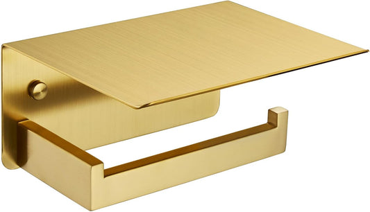 Angle Simple Toilet Paper Holder with Shelf, 304 Stainless Steel Bathroom Tissue Roll Holder for Wall Brushed Gold