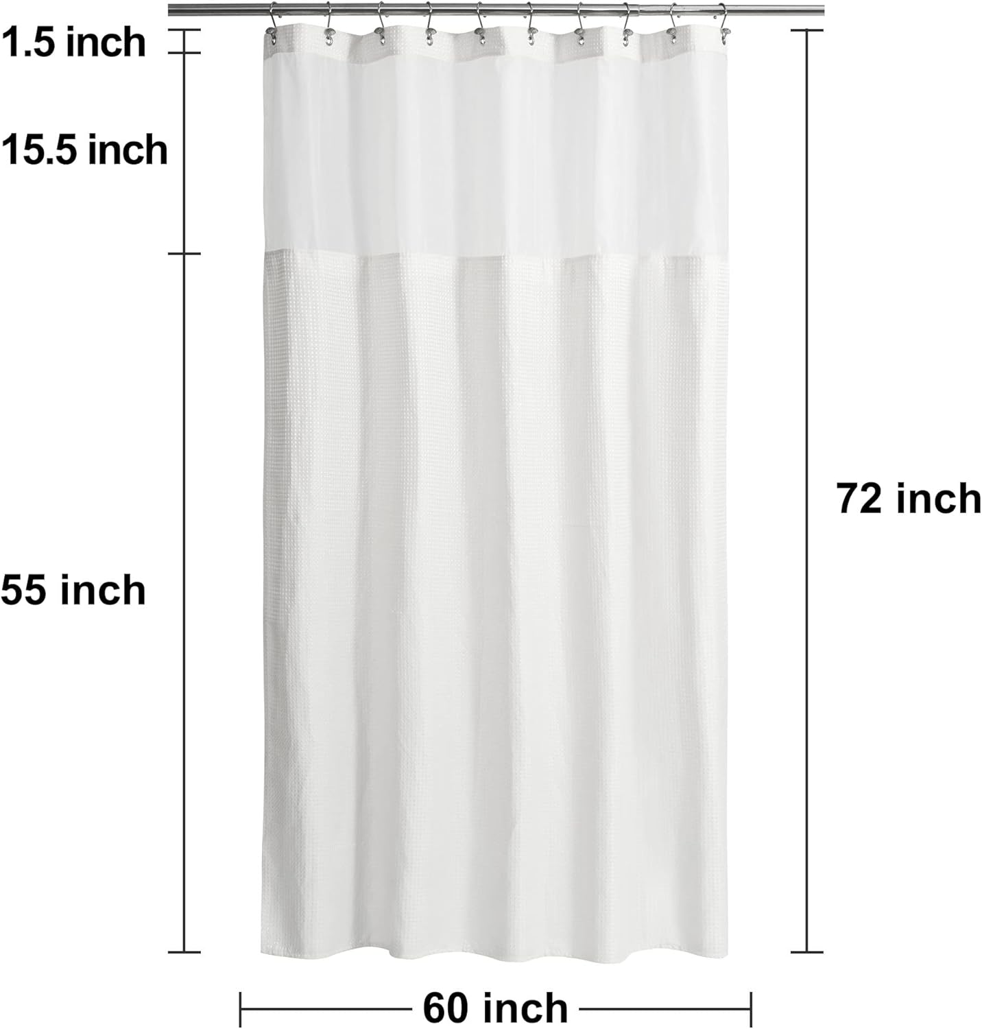 N&Y HOME 60 Inch Waffle Weave Shower Curtain with Snap-in Fabric Liner & 12 Metal Hooks Set - 60" x 72" Shower Stall Size, Hotel Style & Mesh Top Window, Machine Washable - White, 60x72