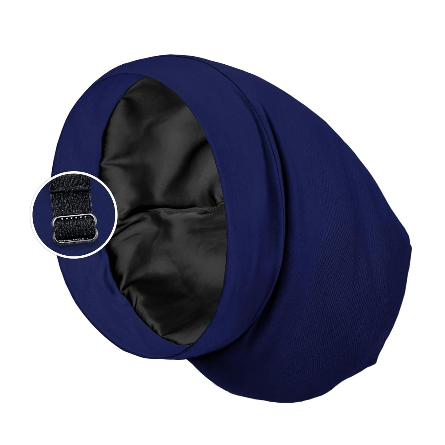 Satin Lined Sleep Cap Bonnet for Curly Hair and Braids, Stay On All Night Hair Wrap with Adjustable Strap for Women and Men, Navy Blue, Pack of 1