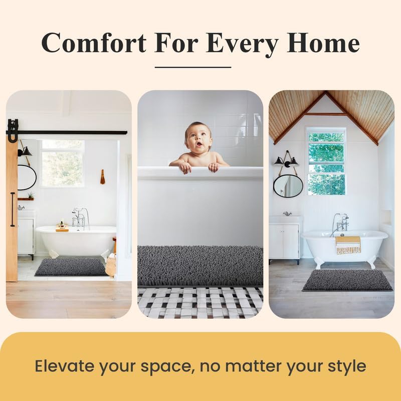 MAYSHINE Plush Shaggy Chenille Bath Mat | Extra Soft, Super Absorbent, Non-Slip Bathroom Rug | Fluffy Microfiber, Area Rug Sets for Bathroom Floor, Kitchen, Living Room | 24"x17" | Dark Blue