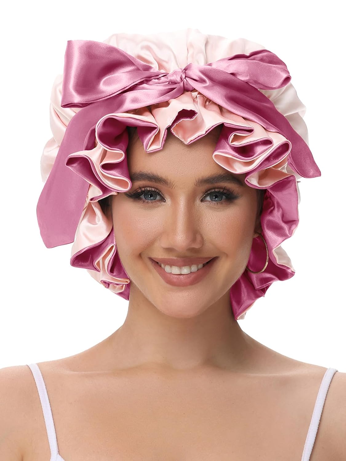 Bonnet for Sleeping, Satin Silk Hair Shower Cap Women 2025 Tie Band Adjustable Straps Head Wrap for Curly Hair Pink F