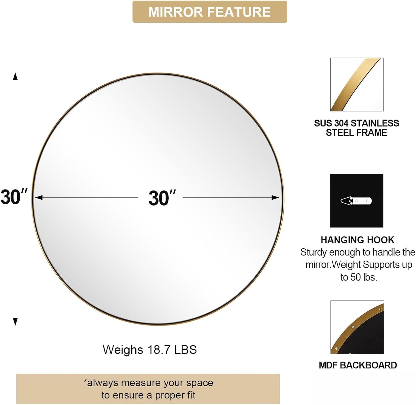 ANDY STAR Round Gold Mirror 30 inch, Brass Mirror with Brushed Gold Frame, Wall Mounted Stainless Steel Metal Frame Round Mirror for Bathroom, Living Room, Bedroom