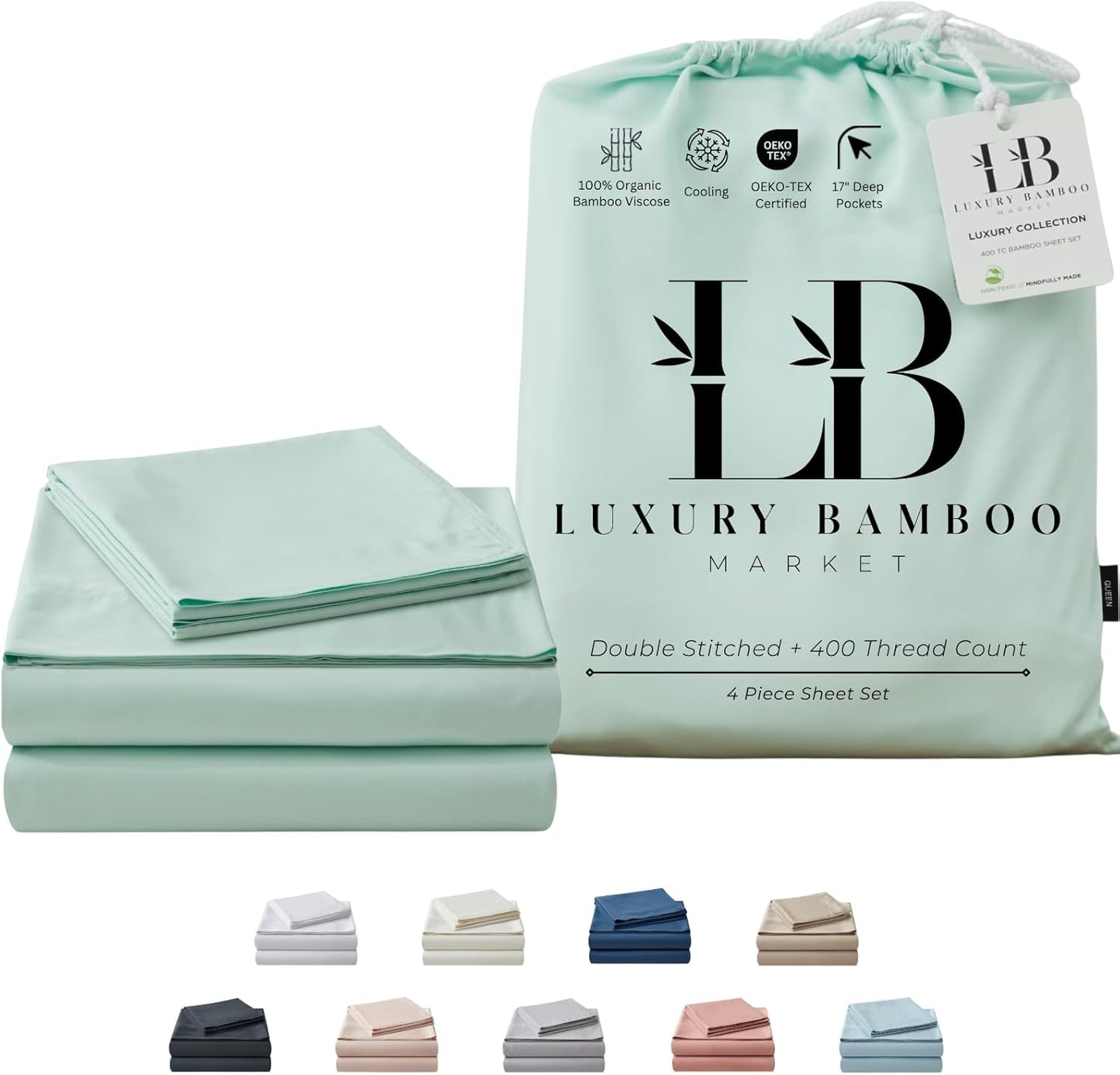 Luxury Bamboo Market | King Size Bed Sheet Set | 100% Viscose Made from Bamboo | Organically Grown | Ultra Soft | Cooling Sheets for Hot Sleepers | 17" Deep Pocket [Coastal Green]