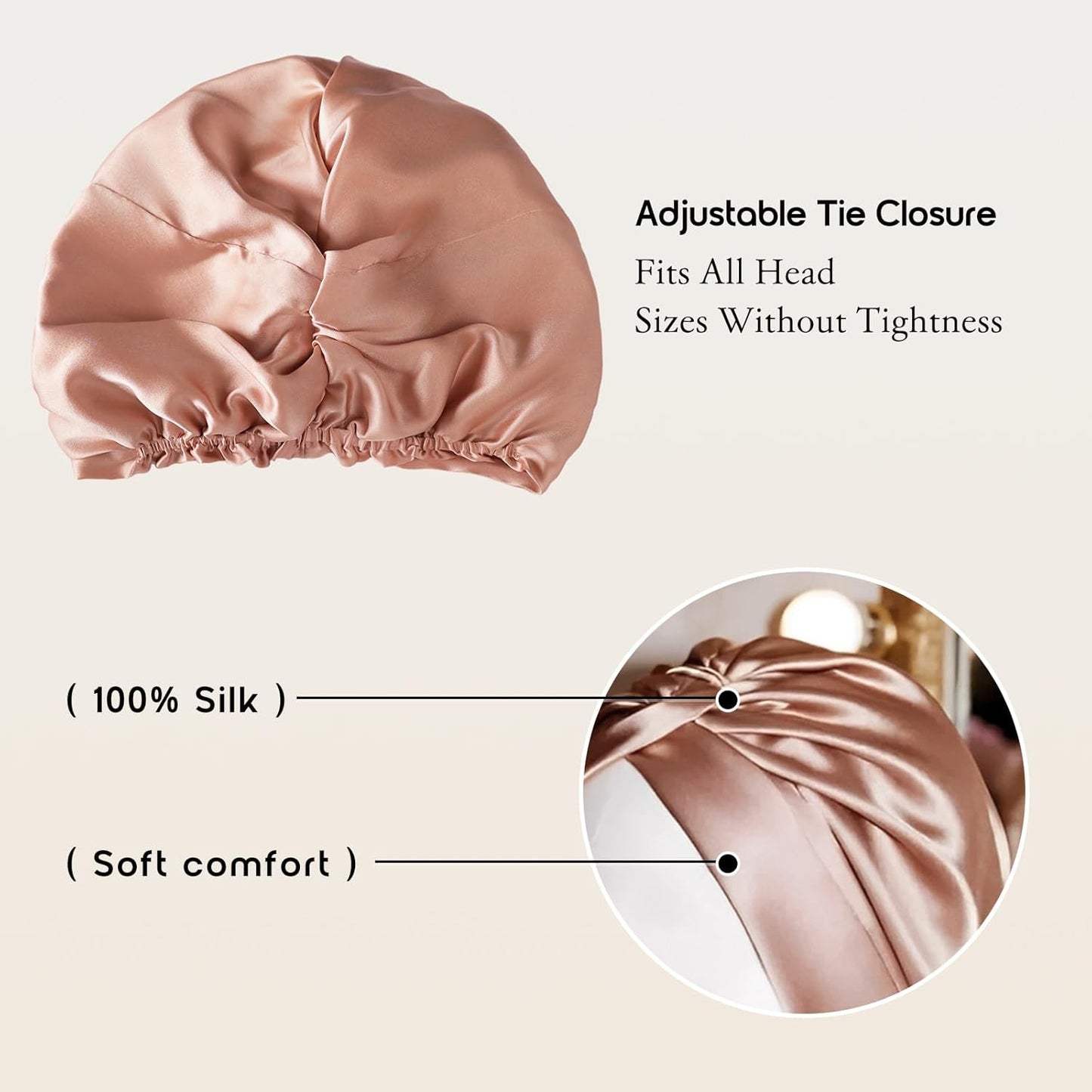 100% Mulberry Silk Bonnet for Sleeping, Adjustable Tie Closure for Women, Breathable Hair Wrap for Hair Protection