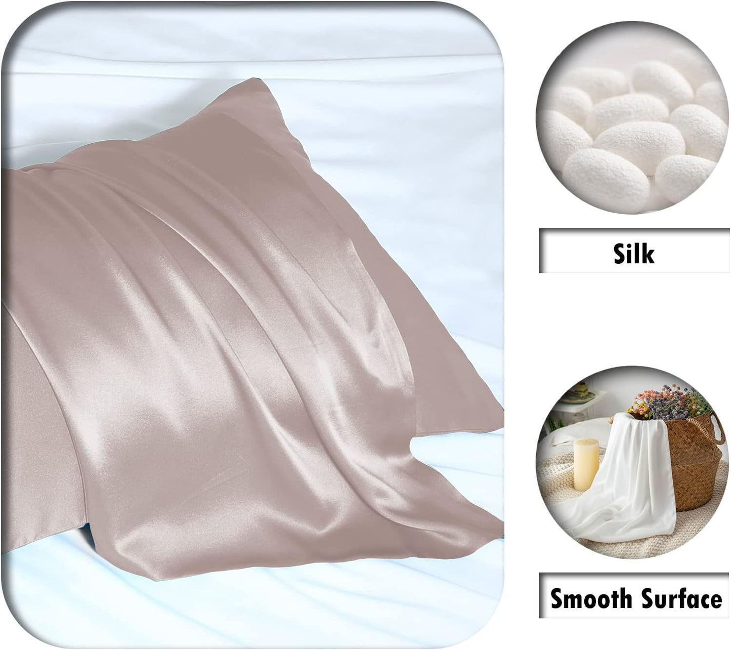 Mulberry Silk Pillowcase for Hair and Skin Standard Size 20"X 26" Pillow Case with Hidden Zipper Soft Breathable Smooth Cooling Covers for Sleeping(Apricot Gray,1Pcs)
