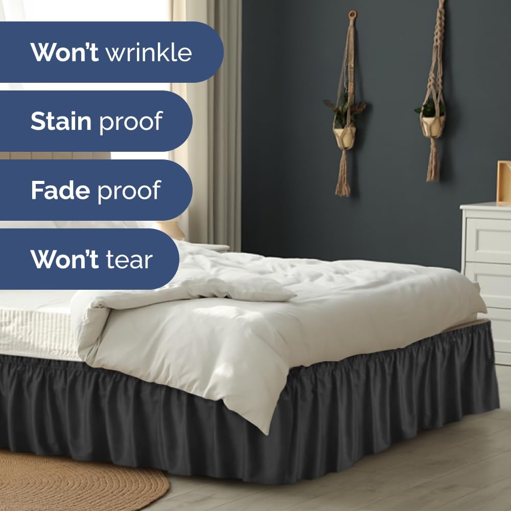 Wrap Around Dust Ruffle Bed Skirt - Black - for Full Size Beds with 24 Inch Drop - Easy Fit Elastic Strap - Adjustable Pleated Bedskirt w/Brushed Fabric - Wrinkle Free - for Women, Men, Kids & Teens