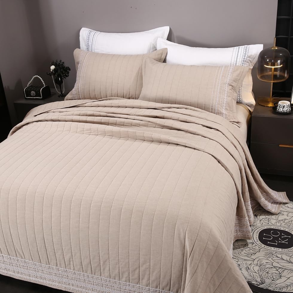 Quilt Set Floral Leaves 3D Embroidery Pattern 3 PCS Cotton Reversible Quilted Embroidered Decorative Bedspreads Coverlet Set, Lightweight &Soft Queen Size Beige Bedding Coverlet for All Season