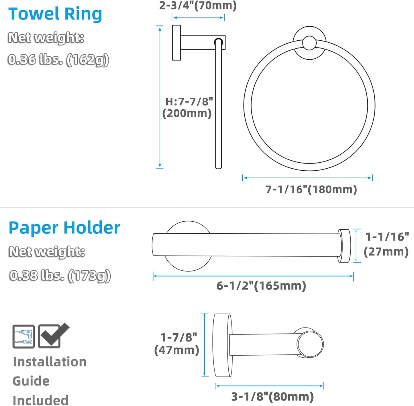 APLusee Brushed Gold 2 Pieces Bathroom Hardware Set, Hand Towel Ring and Toilet Paper Holder, 304 Stainless Steel Bath Accessories, Wall Mounted