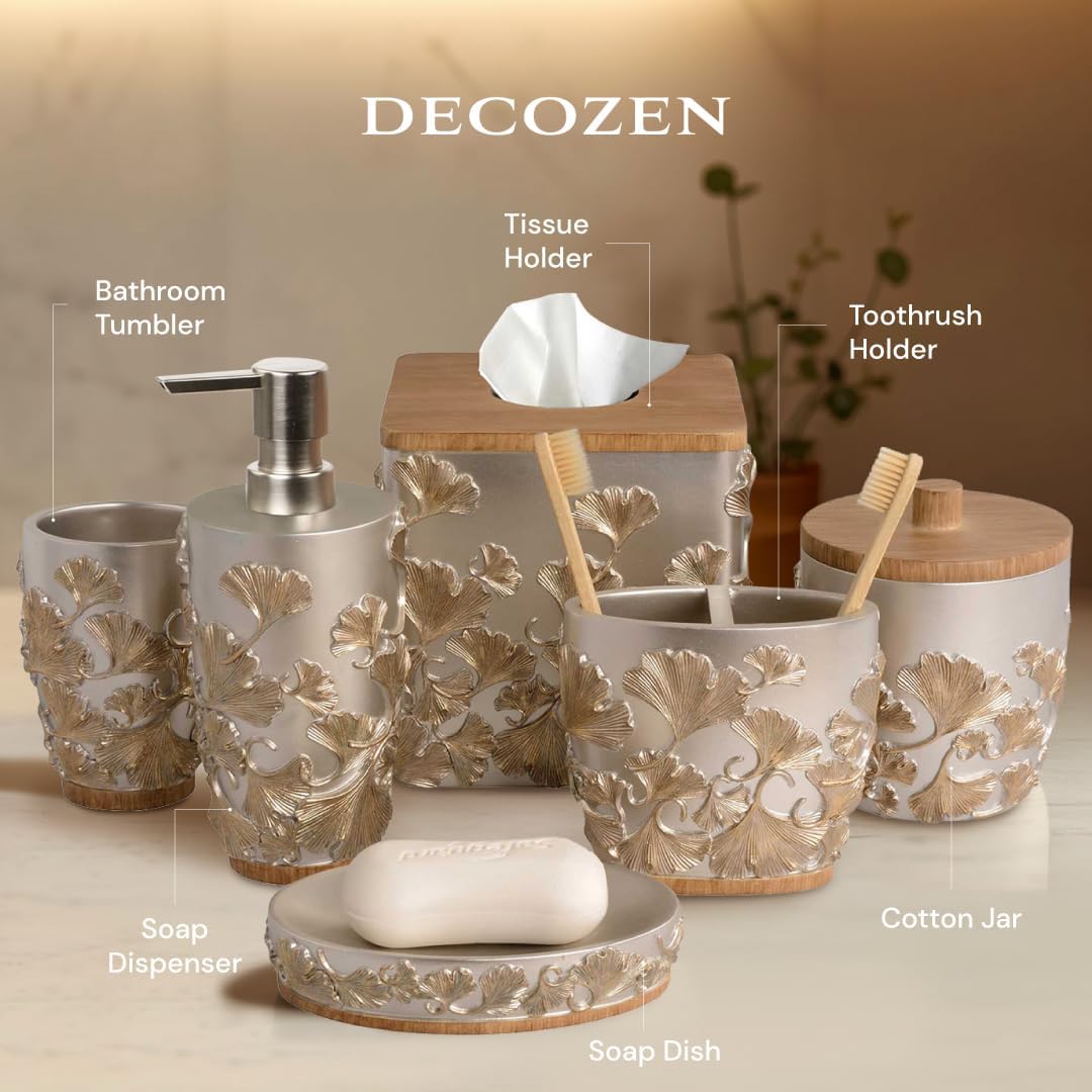 Decozen Bathroom Accessories Set 6Pcs – Soap Dispenser, Toothbrush Holder, Tumbler, Soap Dish & Cotton Swab Jar – Modern Bathroom Decor, Bath Set for Christmas Decor, Valencia