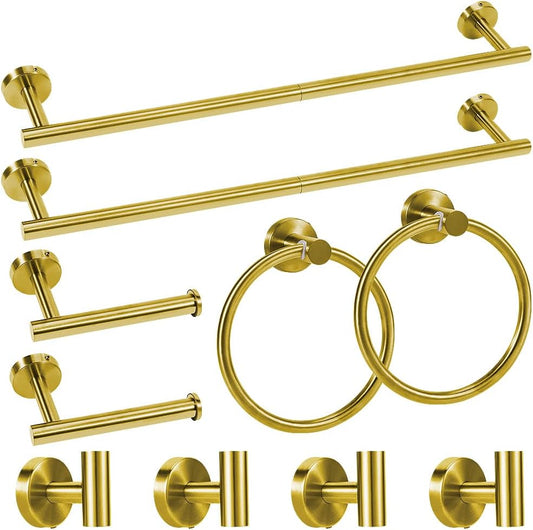 Gold Bathroom Towel Bar Set, 10-Piece Stainless Steel Hardware Bathroom Accessories, 24" Towel Racks for Bathroom Walls
