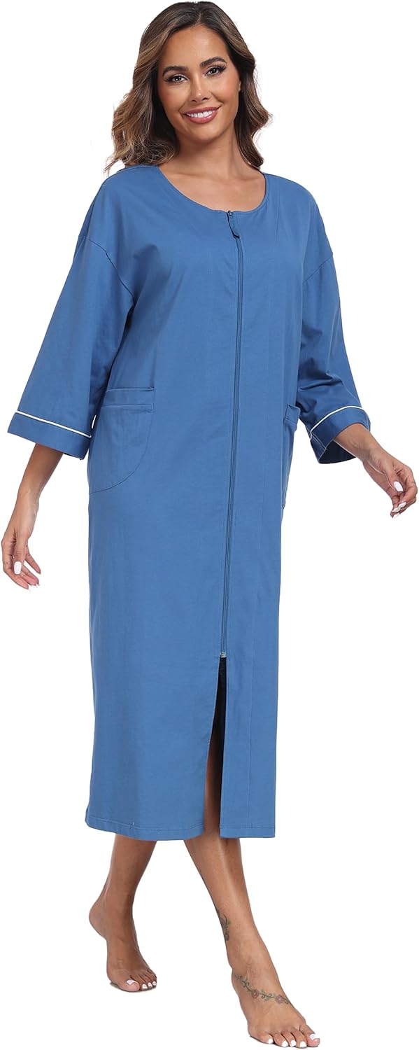 ANLIQI Women's 100% Cotton Robes Long Zipper Front House coats 3/4 Sleeve Bathrobes Lightweight Full Length Robe with Pockets