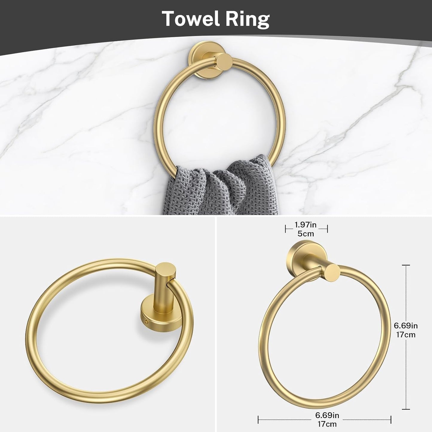 4-Piece Brushed Gold Bathroom Hardware Set,Gold Bathroom Accessories Include Towel Ring,Toilet Paper Holder & 2 Robe Hooks-Rustproof Wall Mounted Bathroom Set