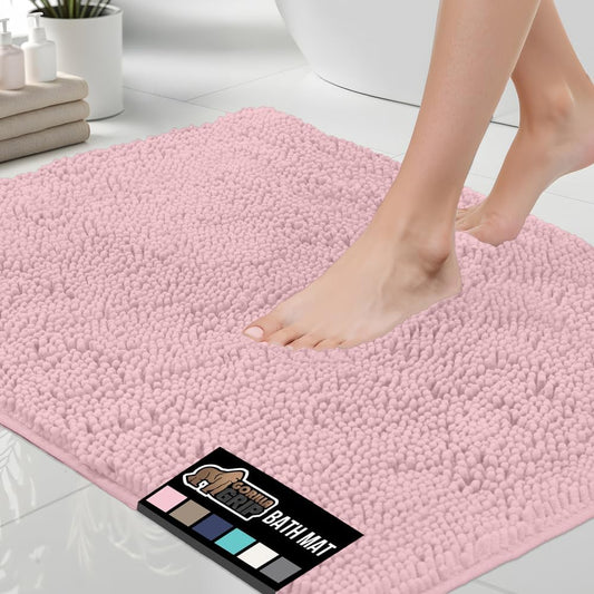 GORILLA GRIP Bath Rug Mat, Soft Absorbent Chenille, Quick Dry Microfiber Mats, Rubber Backing Washable Shower Floor Rugs, Bathmat Runner, US Designed Bathroom Home Decor Accessories 24x17 Light Pink