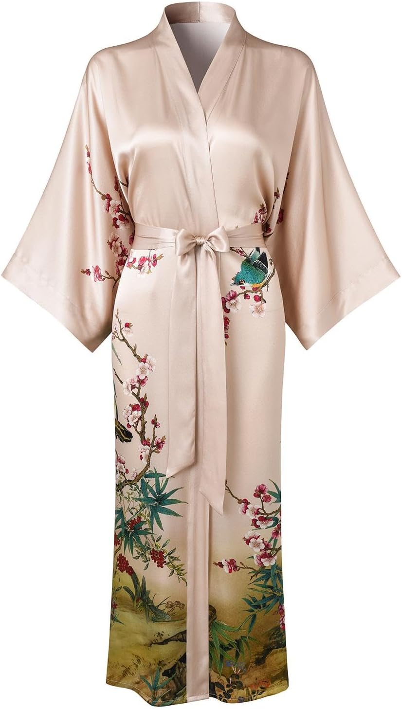 Women's Silk Kimono Robe Long Bathrobe Nightgown 100% Mulberry Silk for Women - Classic Floral Pattern