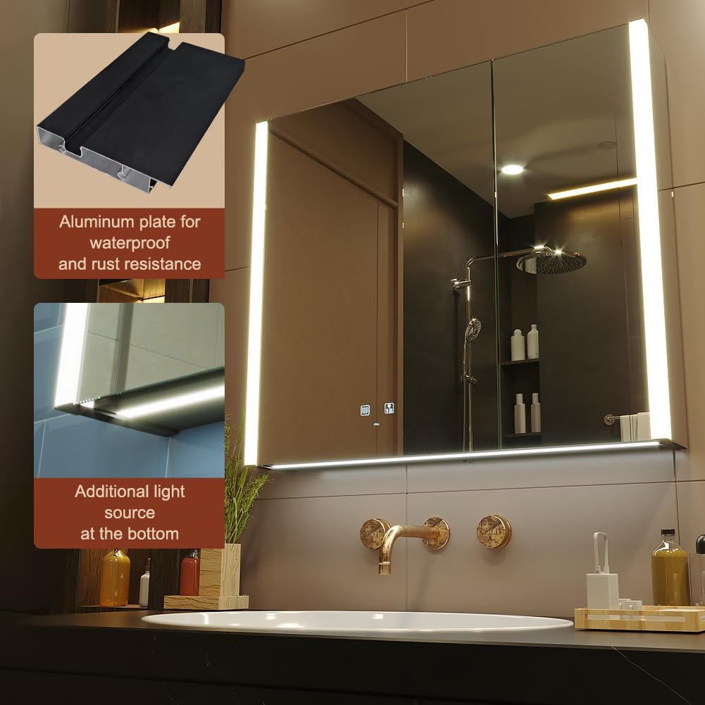KWW LED Lighted Bathroom Medicine Cabinet with Sockets & USBs, Defogger, Dimmable, 3 Color Light Makeup Mirror, Easy to Install, Wall Mounted Cabinet (Two-Door, 31 * 28)