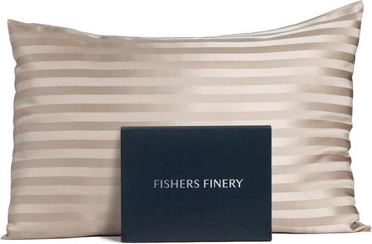 Fishers Finery 25mm 100% Pure Mulberry Silk Pillowcase (Taupe Stripe King)