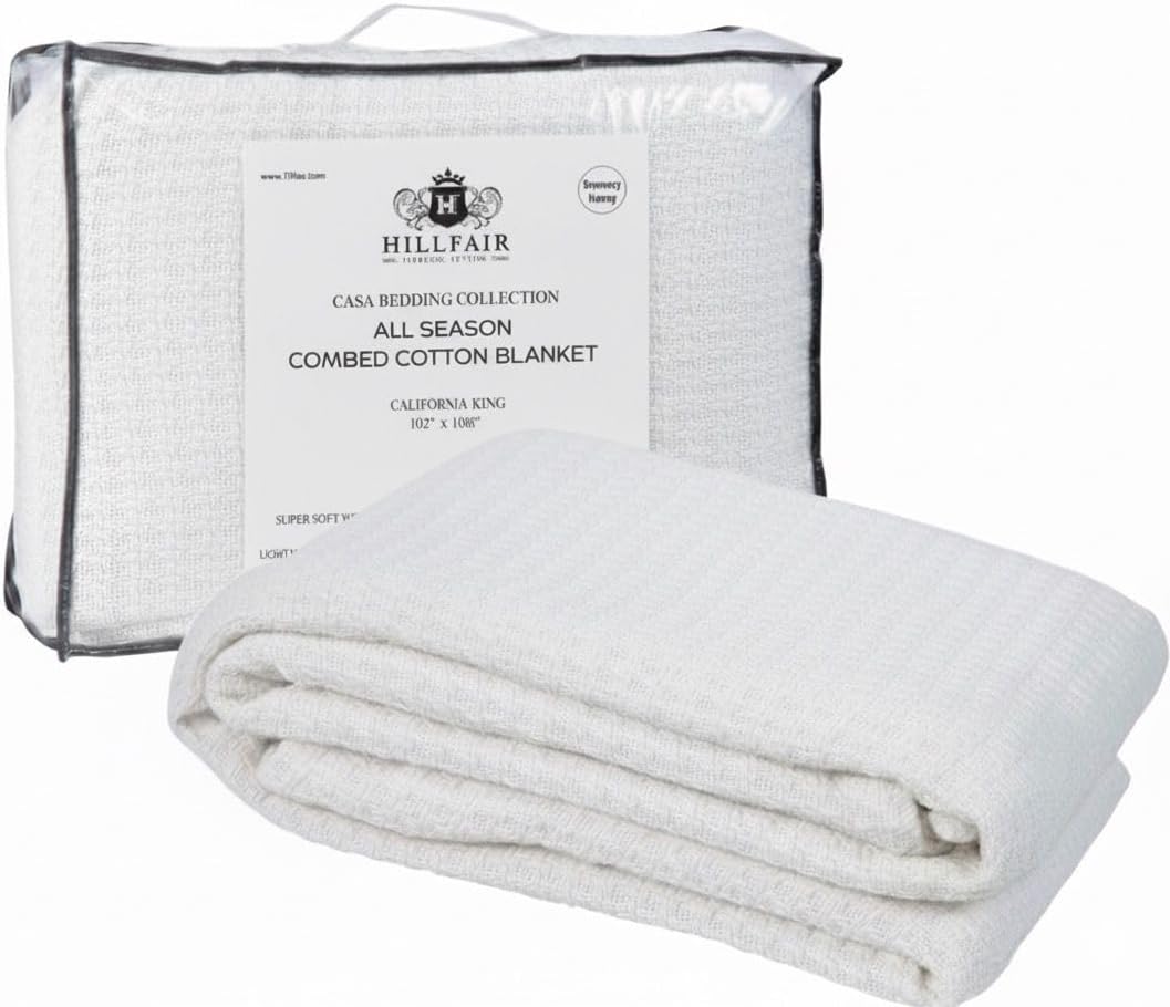 HILLFAIR 100% Combed Cotton Blanket– California King Size Bed Blanket – Warm Soft All Season Breathable Blankets – 102 x 108 inch Extra Large Oversized California King Cotton Blankets for Bed- Ivory