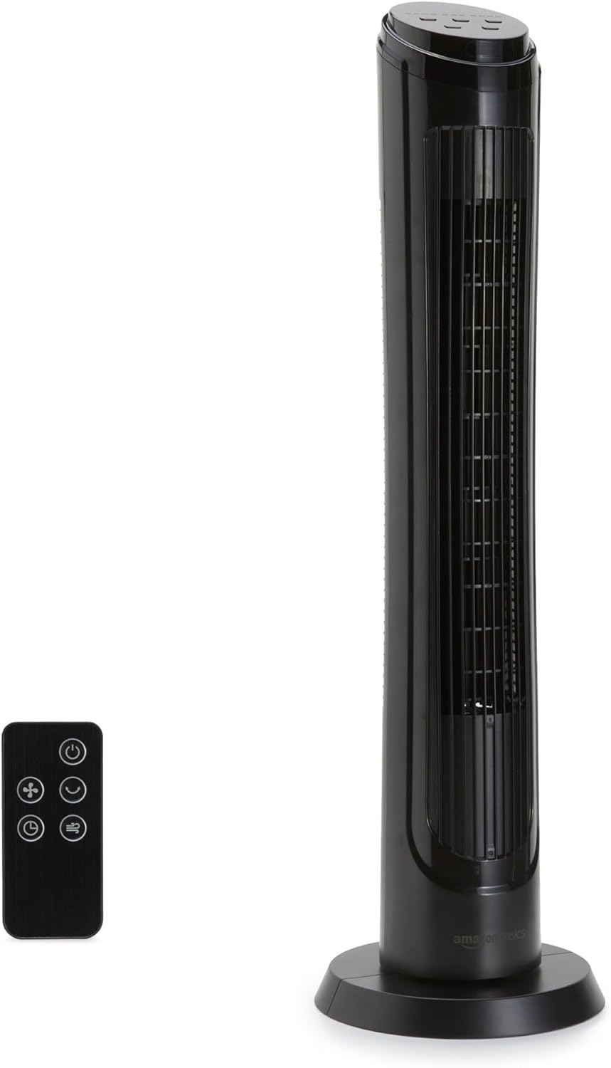 Amazon Basics 40" 70-Degree Oscillating Digital Tower Fan for Bedroom, Living Room, Office, With 4 Speeds, 3 Modes (Standard, Breeze, Nature), Timer Up to 15 Hours, Remote Control, 50W, Black