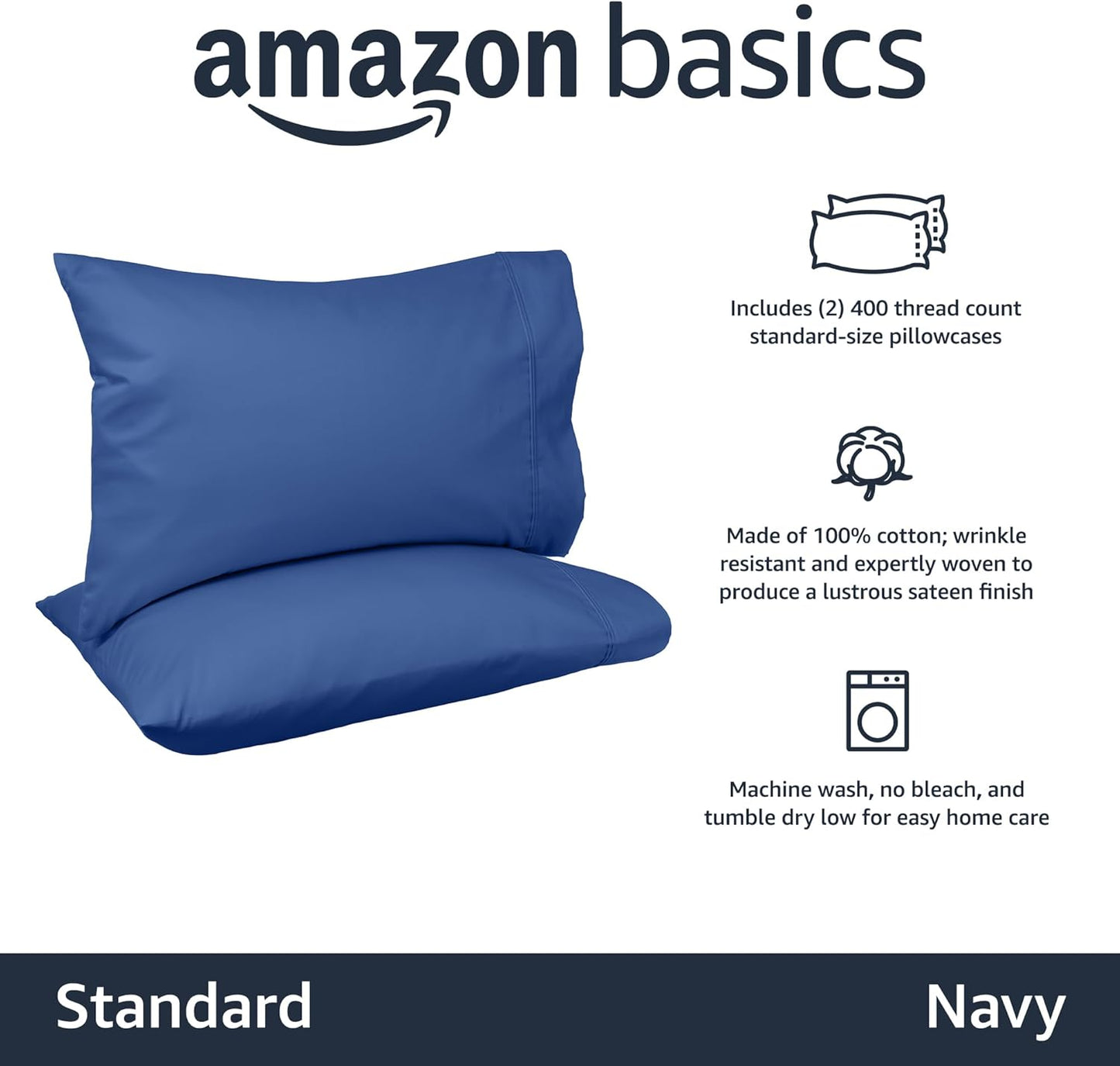 Amazon Basics 400 Thread Count Cotton Pillow Cases, Standard, Set of 2, Navy, 30" L x 20" W