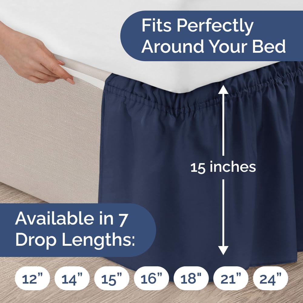 Wrap Around Dust Ruffle Bed Skirt - Navy Blue - for King Size Beds with 15 Inch Drop - Elastic Strap - Adjustable Pleated Bedskirt with Brushed Fabric and Wrinkle Free - for Women, Men, Kids & Teens