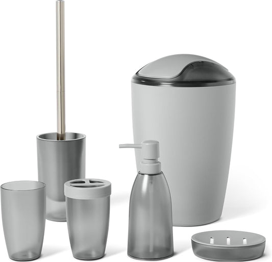 Amazon Basics 6 Pieces Bath Coordinate Set with Toothbrush Holder, Soap Dispenser and Soap Dish, Toothbrush Cup, Trash Can and Toilet Brush & Holder, Grey