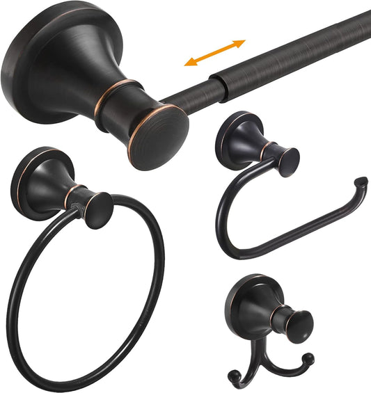 Hoimpro Oil Rubbed Bronze Bathroom Accessory Set, 4-Piece Wall Mount Hardware with Adjustable Towel Bar Rack, Towel Ring, Paper Towel Holder, Double Towel Hooks