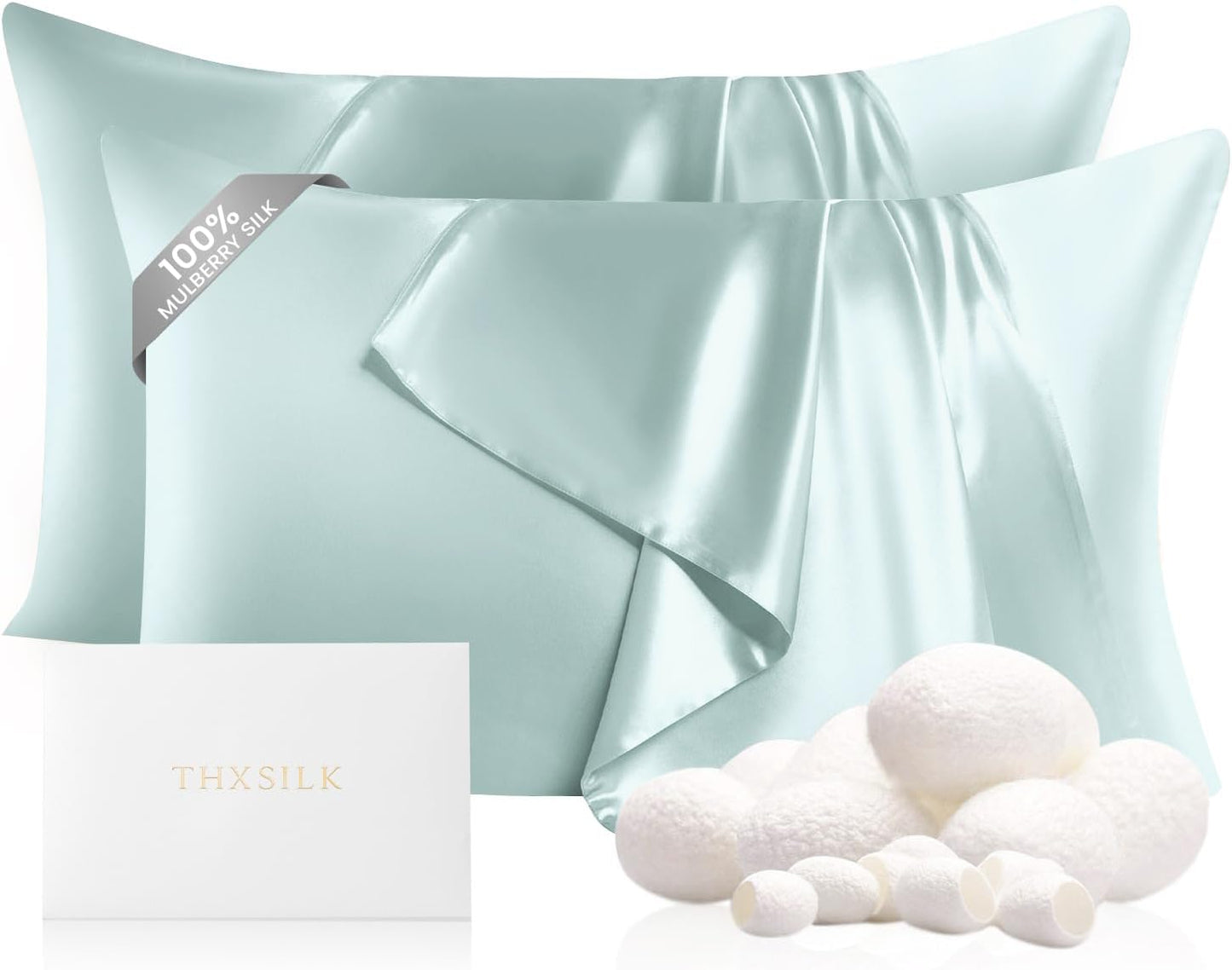 THXSILK Set of 2 100% Mulberry Silk Pillowcase for Hair and Skin Health, 22 Momme Soft and Smooth Pillowcases with Hidden Zipper, Both Sides Premium Grade 6A+ Silk, Standard 20"x26", Light Blue
