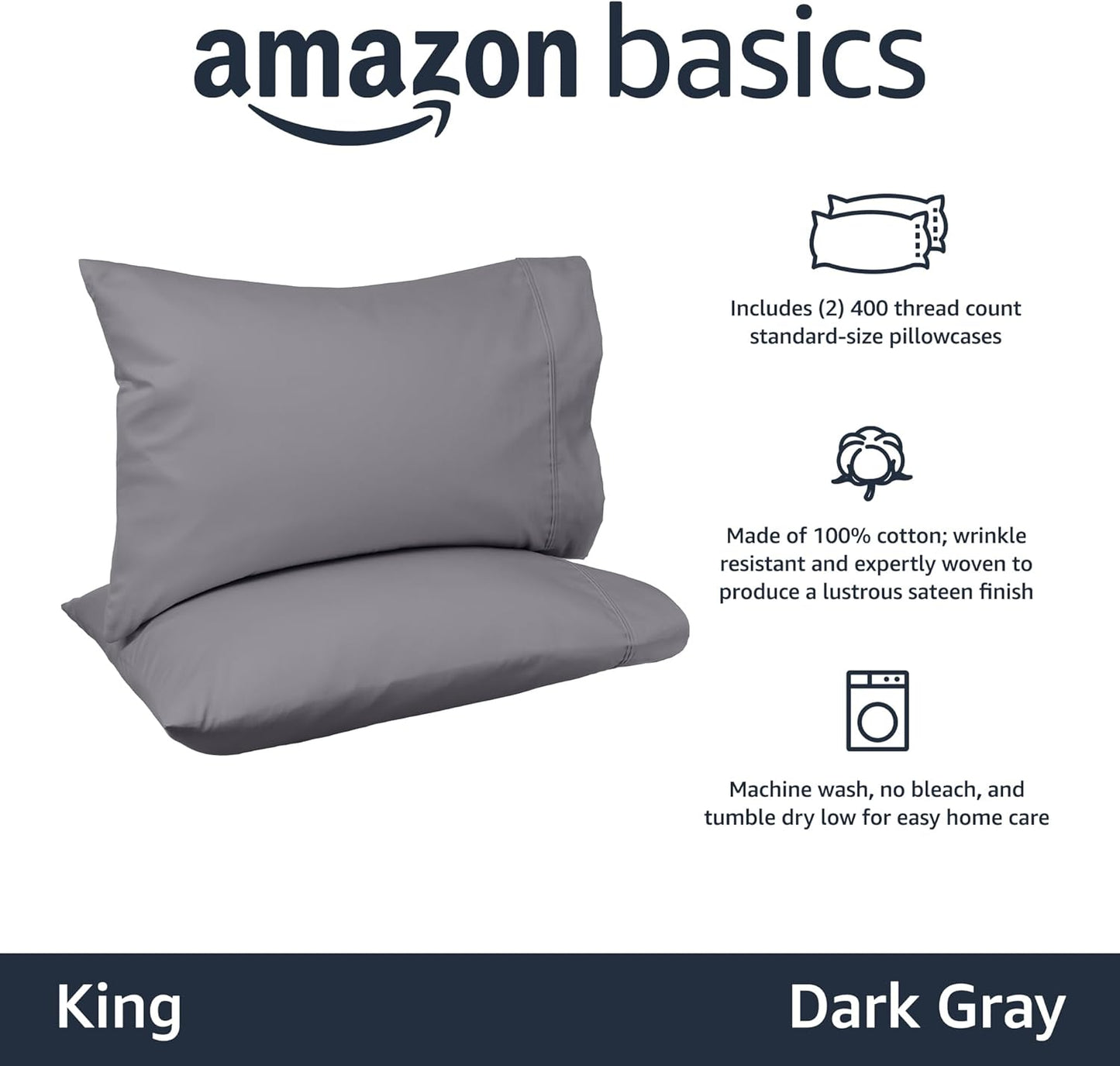 Amazon Basics 400 Thread Count Cotton Pillow Cases, King, Set of 2, Dark Gray, 40" L x 20" W, Pillows Not Included