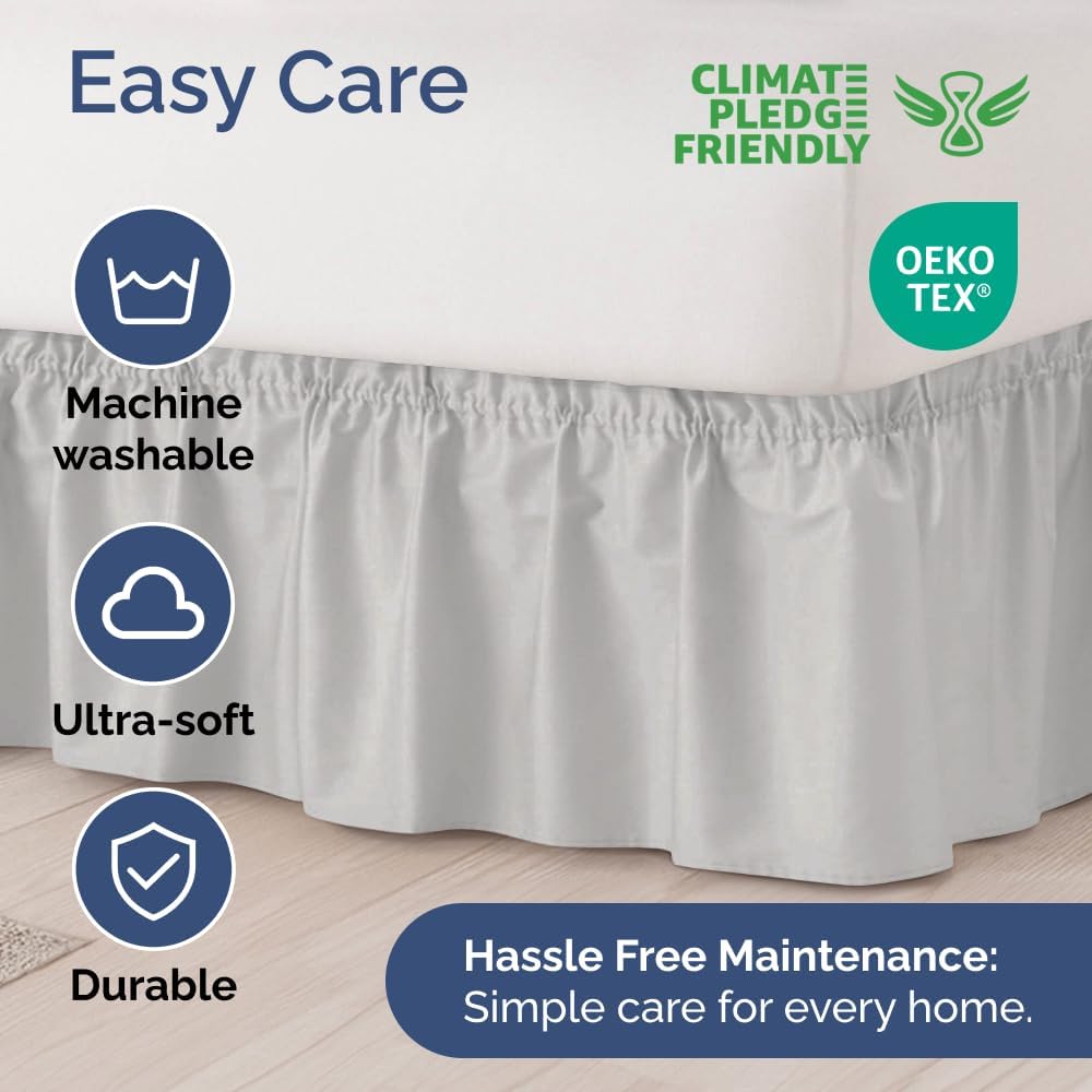 Wrap Around Dust Ruffle Bed Skirt - French Grey - for King Size Beds w/ 12 Inch Drop - Easy Fit Elastic Strap - Adjustable Pleated Bedskirt w/Brushed Fabric - Wrinkle Free, Women, Men, Kids & Teens